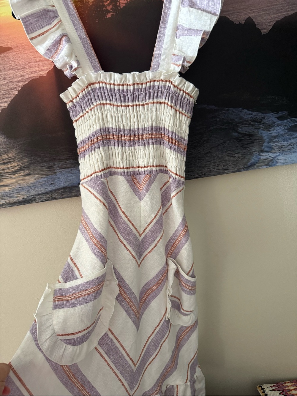 Betsey Johnson Ruffled Striped Cotton-Linen White/Lavender/Rust/4/New
